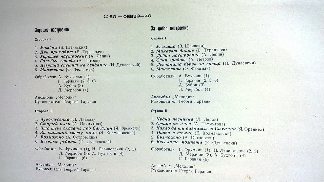 Ансамбъл "Мелодия". За добро настроение [по заказу болгарской фирмы БАЛКАНТОН]
