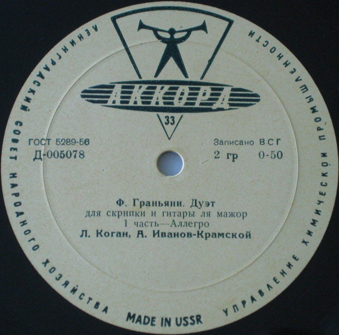 Ф. Граньяни. Дуэт для скрипки и гитары ля мажор. Гитара Александр Иванов-Крамской. Скрипка Леонид Коган