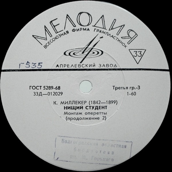 К. МИЛЛЁКЕР (1842–1899): «Нищий студент», монтаж оперетты