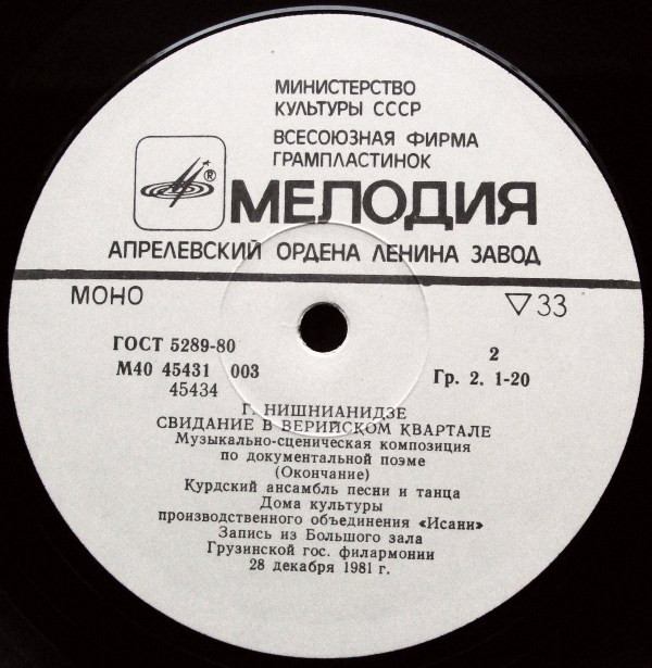 Г. НИШНИАНИДЗЕ: "Свидание в Верийском квартале", музыкально-сценическая композиция по документальной поэме.