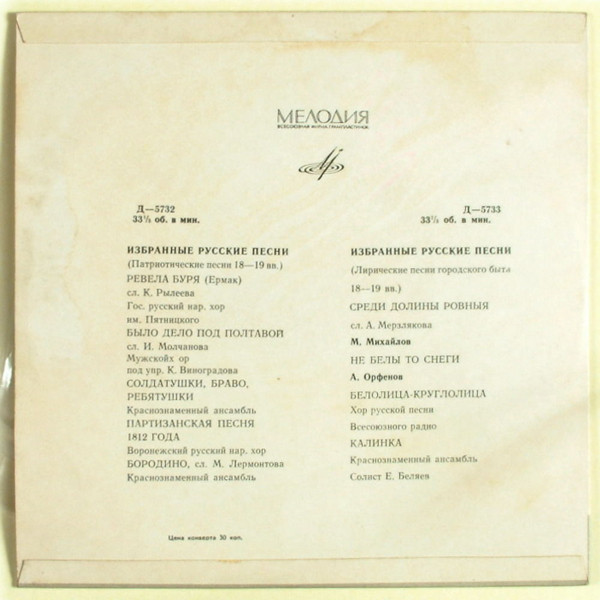 Избранные русские песни. Антология. Патриотические и лирические песни городского быта XVIII-XIX вв. Пластинка 7