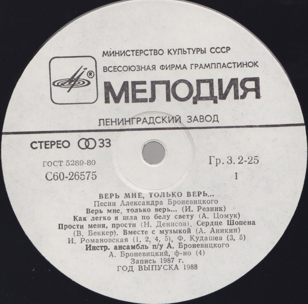 А. БРОНЕВИЦКИЙ (1931): «Верь мне, только верь...», песни