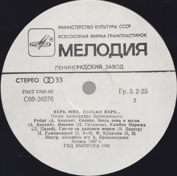 А. БРОНЕВИЦКИЙ (1931): «Верь мне, только верь...», песни