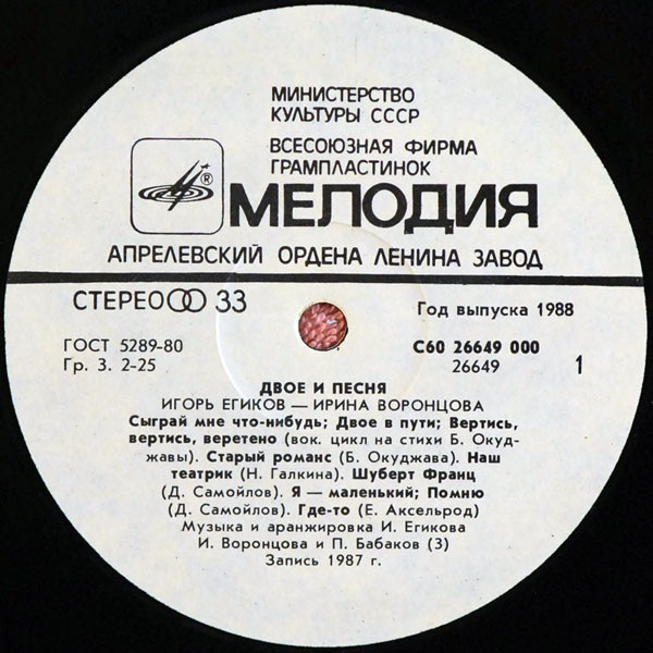 ВОРОНЦОВА Ирина. «Двое и песня». Песни И. Егикова: