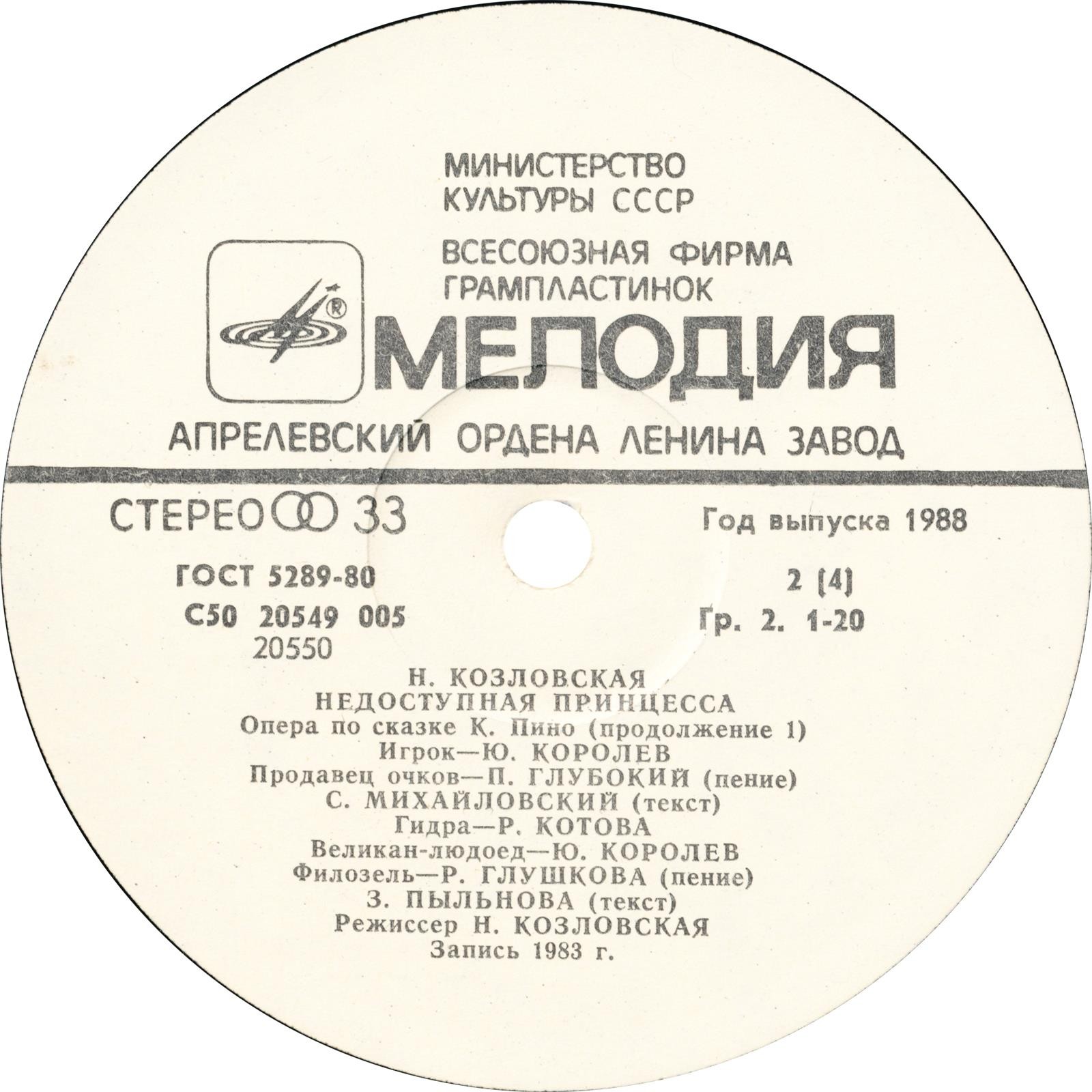 Н. КОЗЛОВСКАЯ (1945): "Недоступная принцесса". Опера по сказке К. Пино (либретто Ю. Каменецкого).