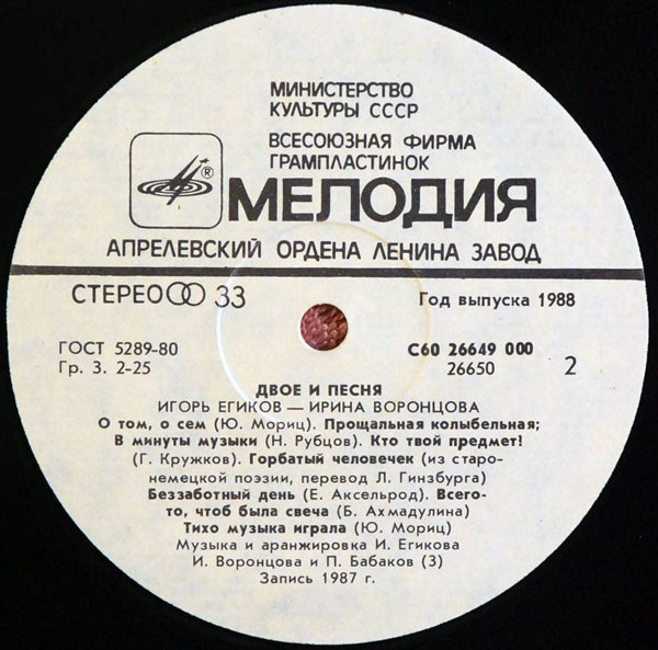 ВОРОНЦОВА Ирина. «Двое и песня». Песни И. Егикова: