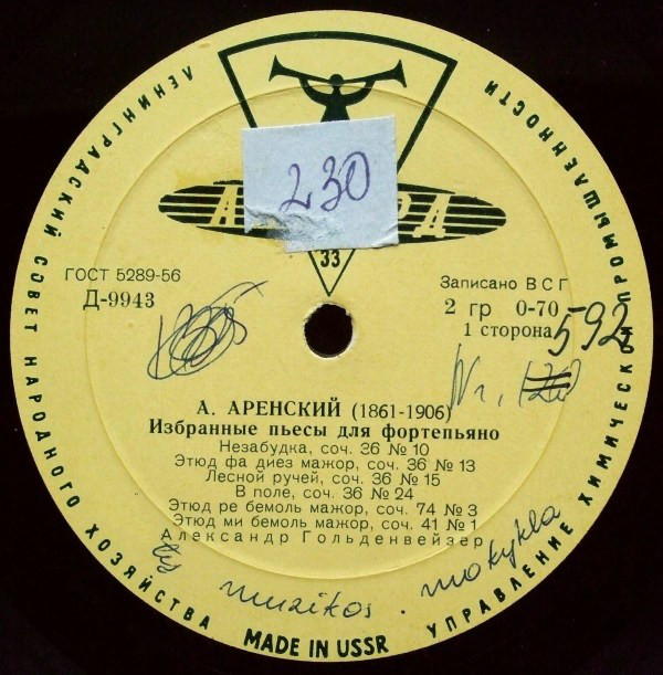 А. Аренский: Избранные пьесы для ф-но. Гольденвейзер.  Гутман.  Брюшков.  Бекман-Щербина