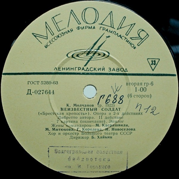 К. МОЛЧАНОВ (1922–1982): «Неизвестный солдат» («Брестская крепость»), опера в 2 д. (Б. Хайкин)