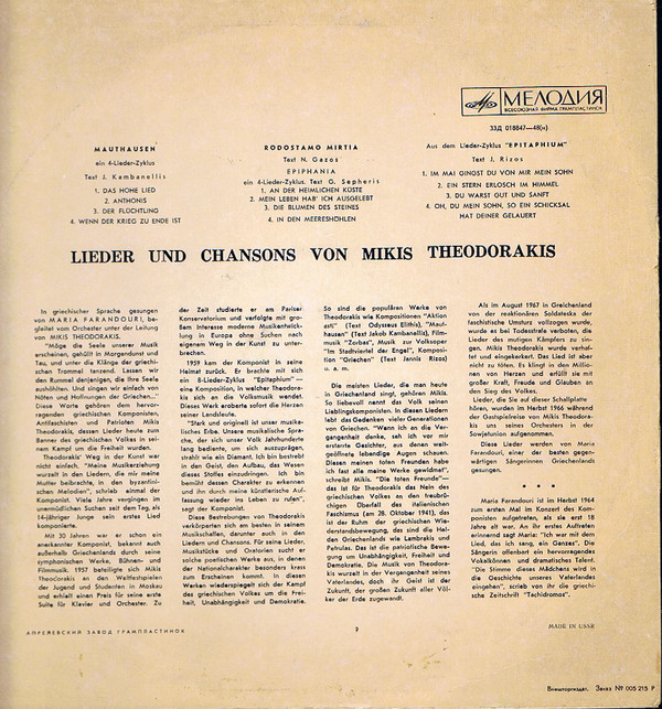 М. ТЕОДОРАКИС (1925—2021): Песни Микиса Теодоракиса (М. Фарандури)