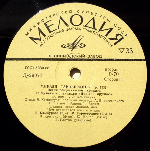 М. Таривердиев (р. 1931). Песни Американского солдата из музыки к спектаклю "Прощай, оружие"