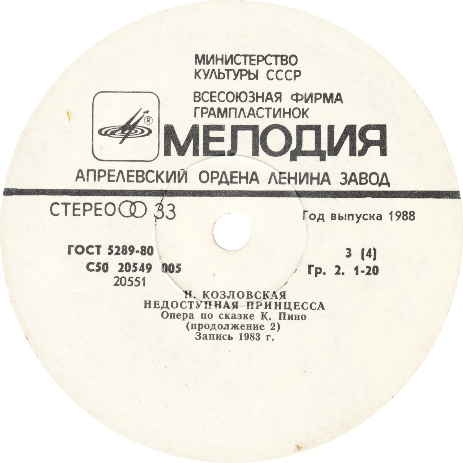 Н. КОЗЛОВСКАЯ (1945): "Недоступная принцесса". Опера по сказке К. Пино (либретто Ю. Каменецкого).