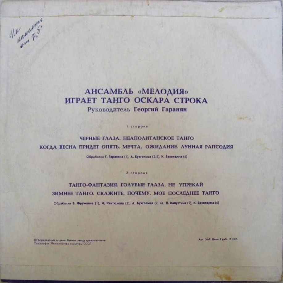 Ансамбль «Мелодия» играет танго Оскара Строка