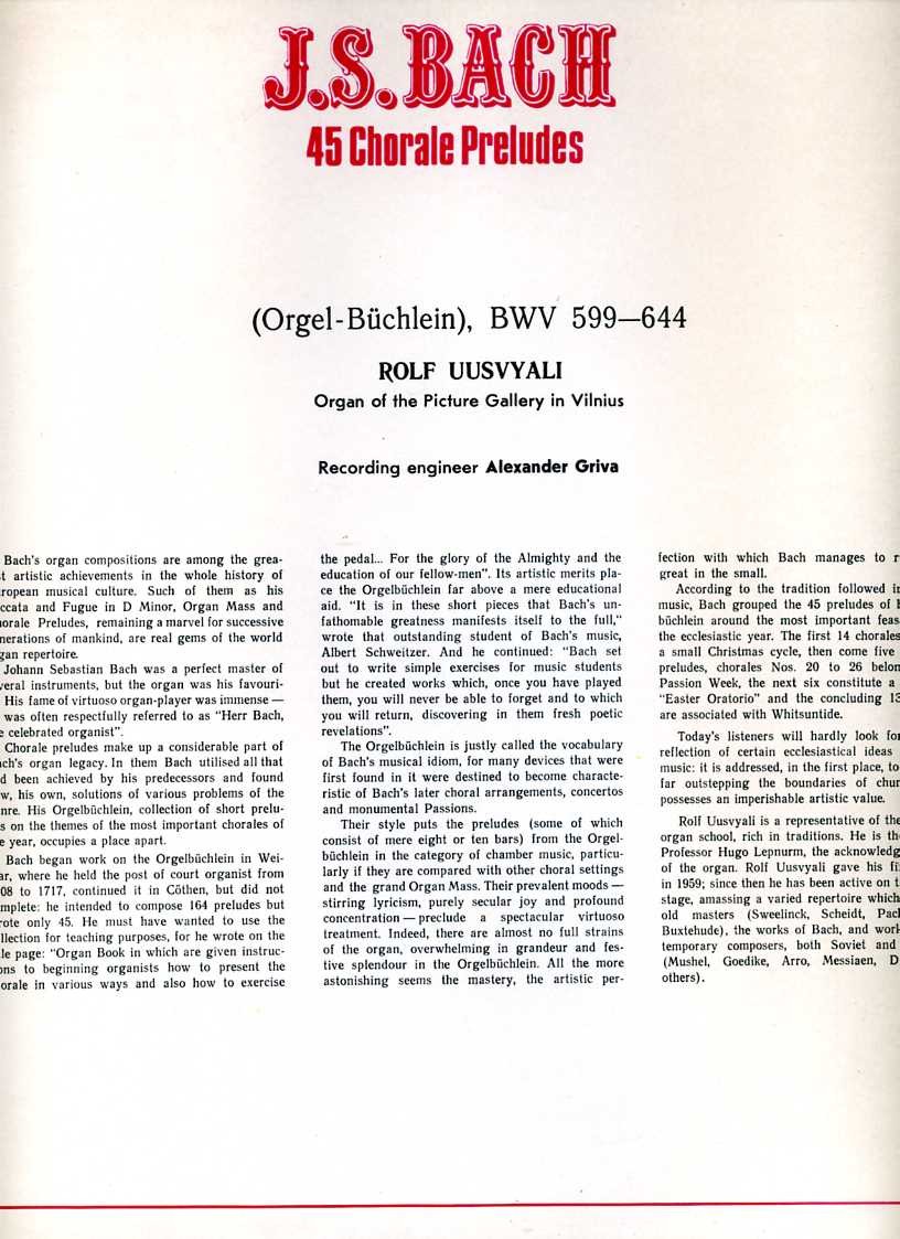 И. С. БАХ (1685-1750). 45 хоральных прелюдий (Рольф Уусвяли, орган)