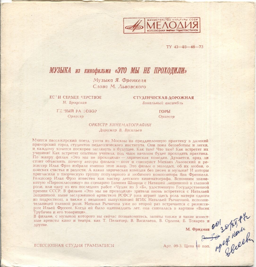 Мелодии экрана. Музыка и песни Яна Френкеля из к/ф «Это мы не проходили»