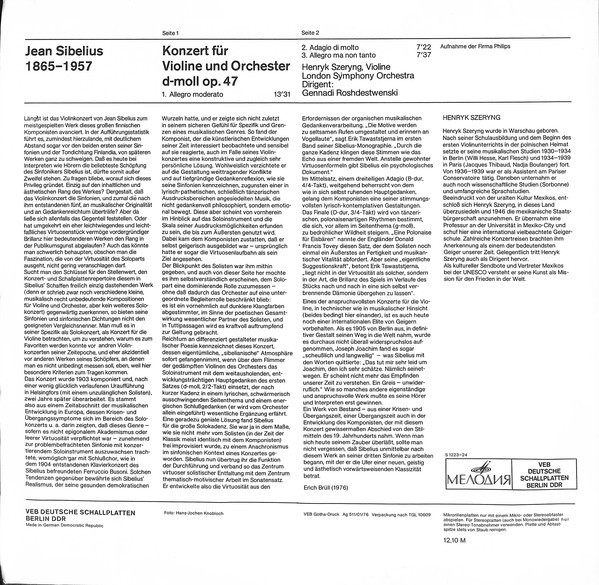 Jean Sibelius. Violinkonzert d-moll / Henryk Szeryng, London Symphony Orchestra, Gennadi Rozhdestwenski (ETERNA ‎8 26 731)