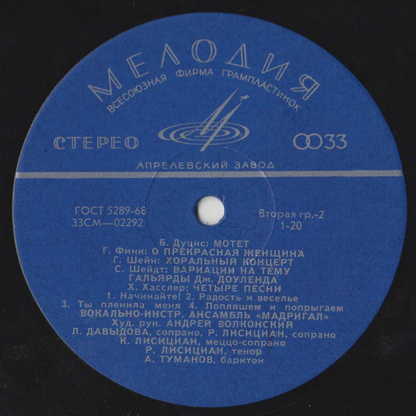 Тысяча лет музыки. Вып. 3. Германия. Эпоха Возрождения и ранее барокко. Вокально-инструментальный ансамбль «МАДРИГАЛ» Художественный руководитель Андрей Волконский