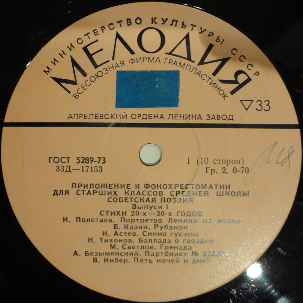 Приложение к фонохрестоматии для старших классов средней школы. Советская поэзия. Выпуск 1