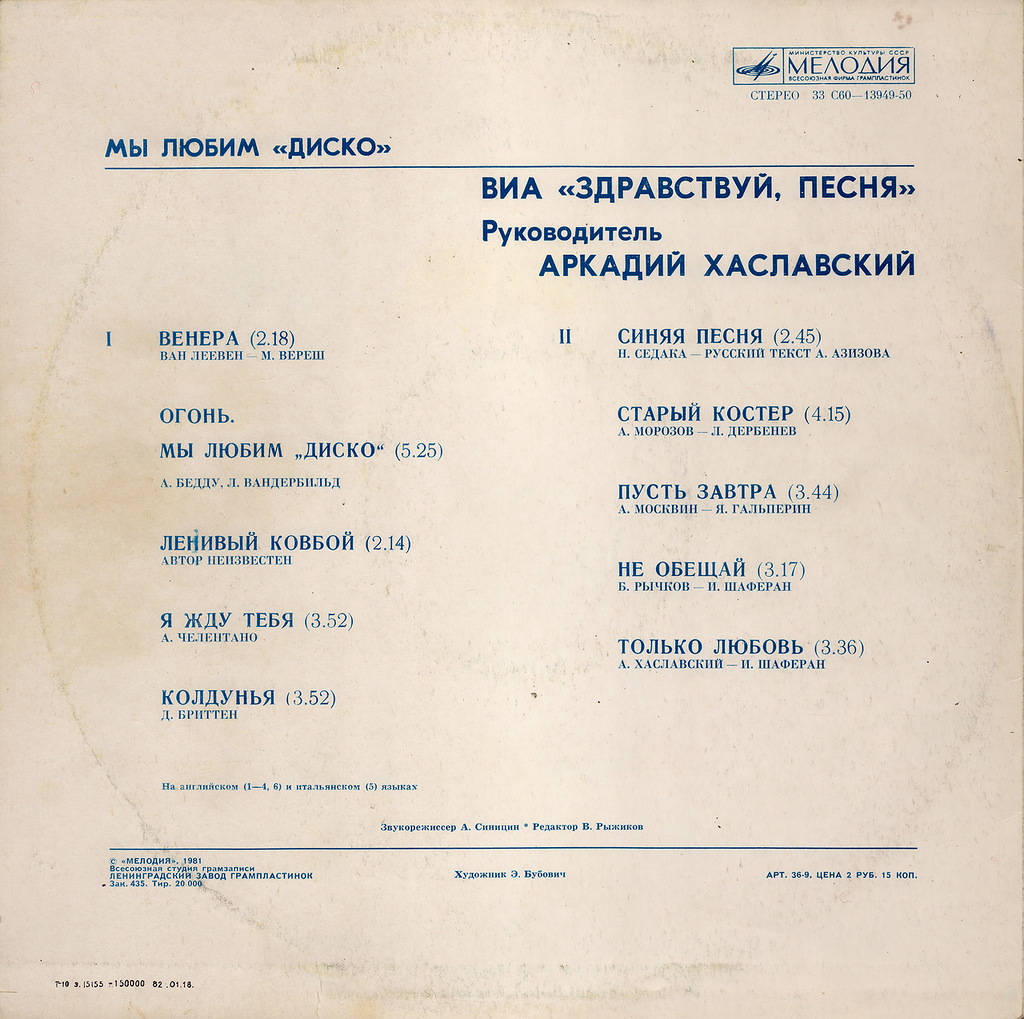 ВИА «ЗДРАВСТВУЙ ПЕСНЯ»:  «Мы любим диско»