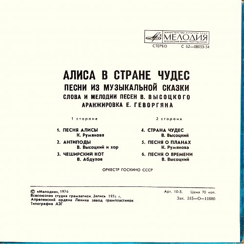 «Алиса в стране чудес». Песни из музыкальной сказки