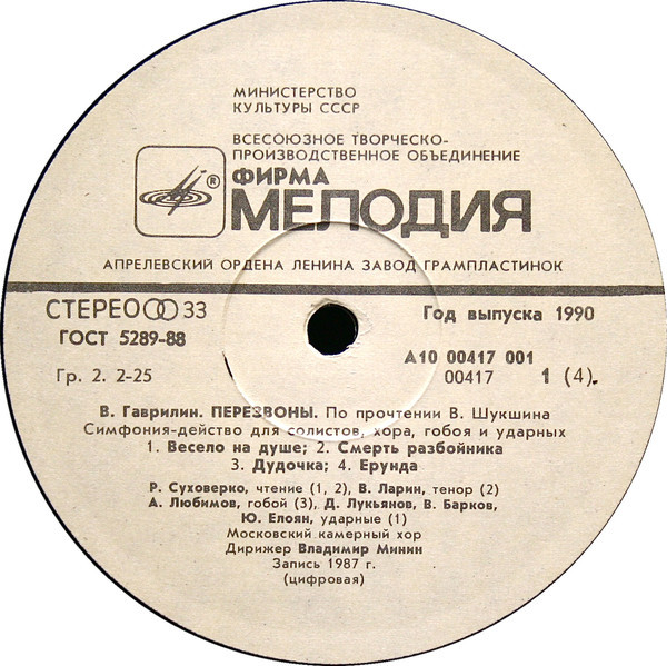 В. ГАВРИЛИН (1939): «Перезвоны», симфония-действо для солистов, хора, гобоя и ударных (По прочтении В. Шукшина).