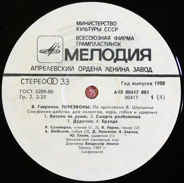 В. ГАВРИЛИН (1939): «Перезвоны», симфония-действо для солистов, хора, гобоя и ударных (По прочтении В. Шукшина).