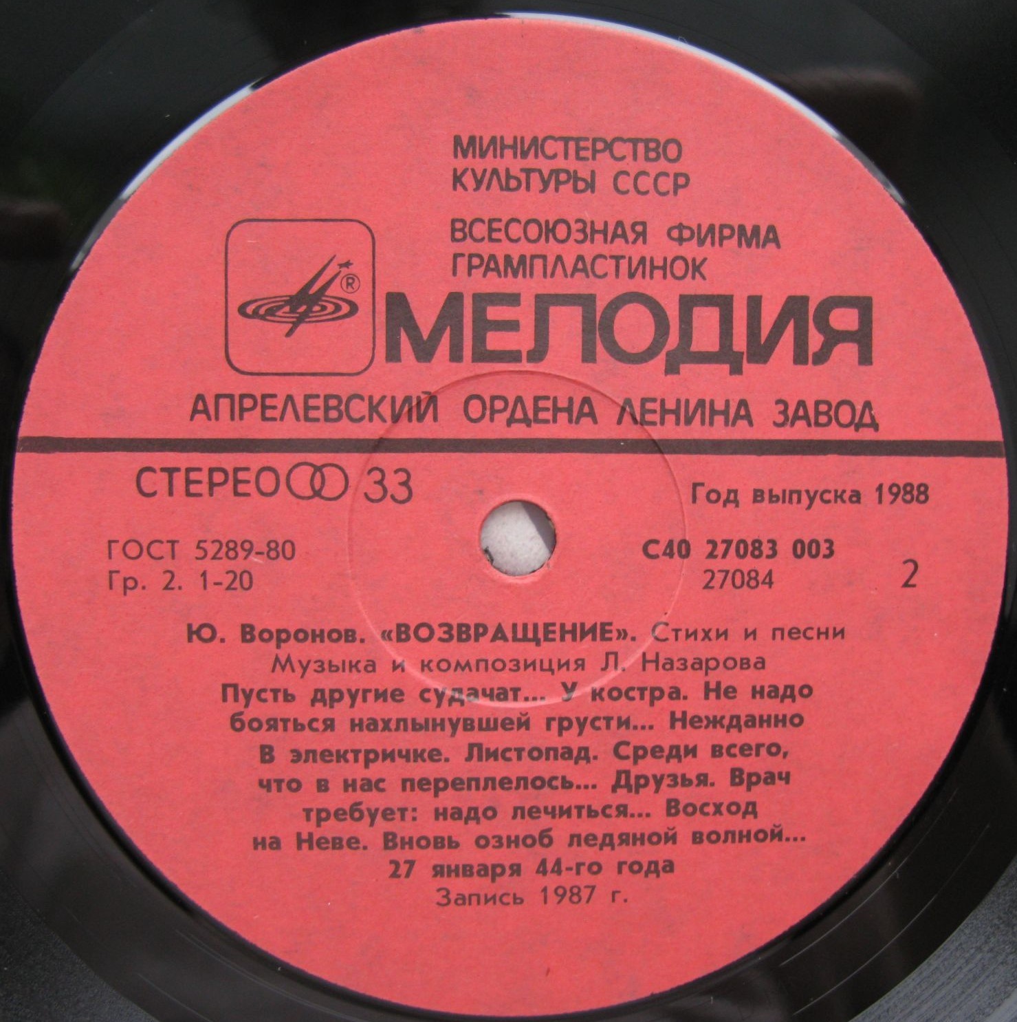 Ю. ВОРОНОВ (1922): «Возвращение», стихи и песни (музыка и композиция Л. Назарова).