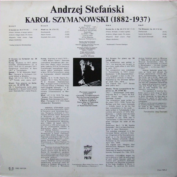 Karol Szymanowski - Wszystkie utwory fortepianowe vol.1 - 6: Andrzej Stefański  [по заказу польской фирмы WIFON, LP 046/1 - 046/6]