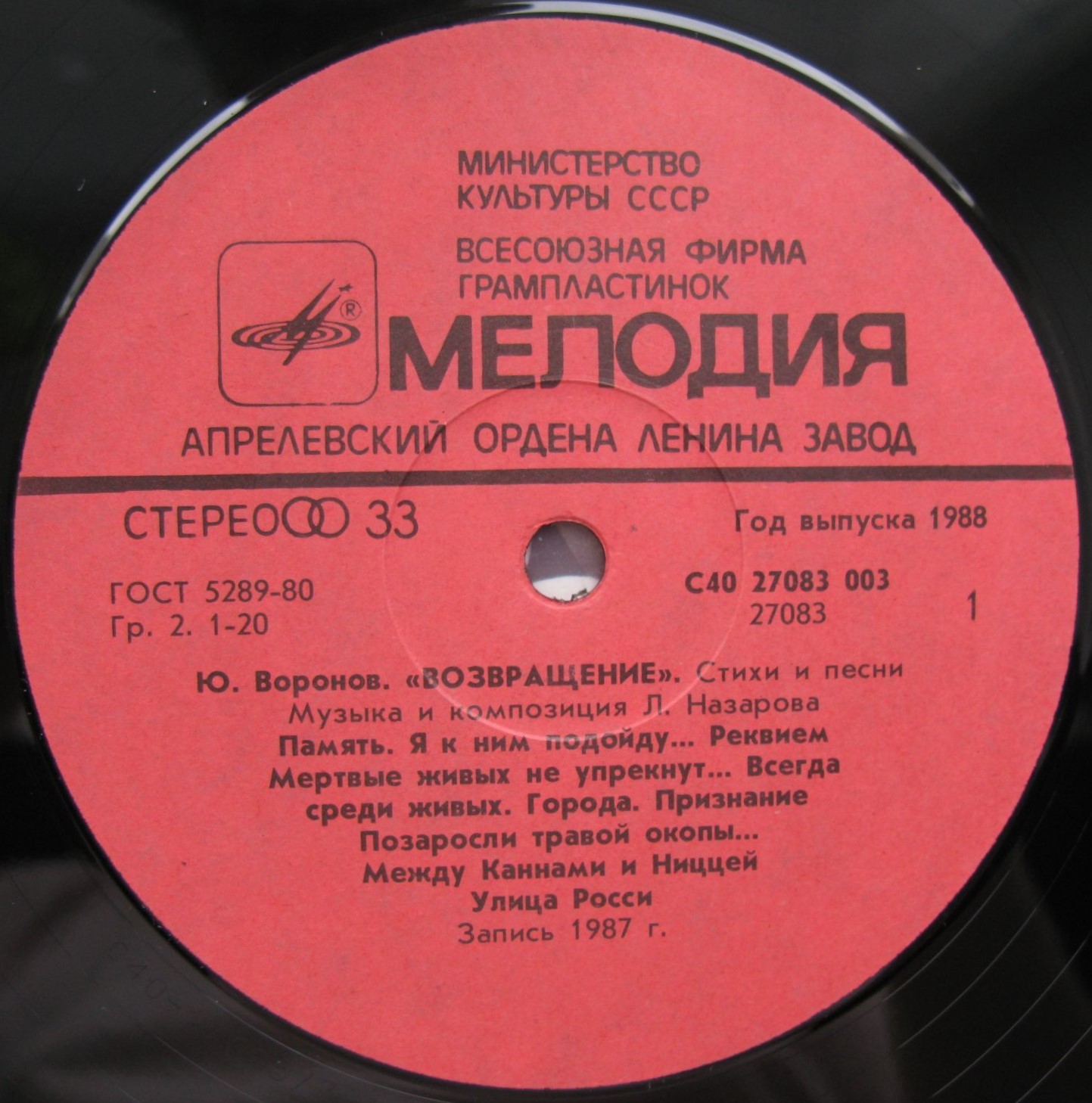 Ю. ВОРОНОВ (1922): «Возвращение», стихи и песни (музыка и композиция Л. Назарова).