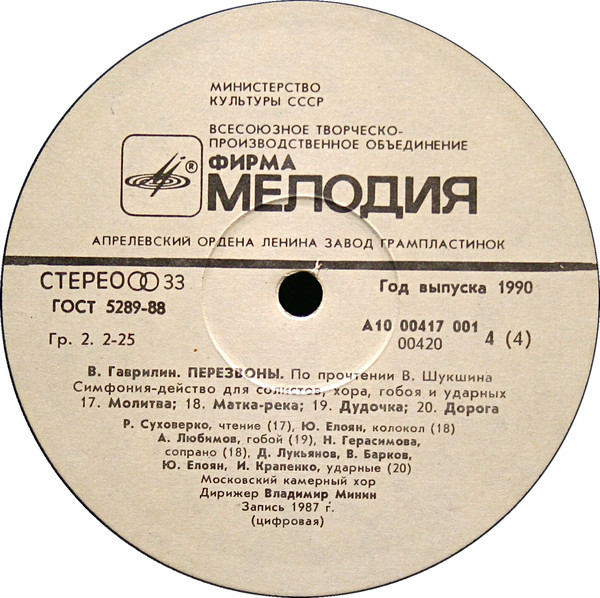 В. ГАВРИЛИН (1939): «Перезвоны», симфония-действо для солистов, хора, гобоя и ударных (По прочтении В. Шукшина).