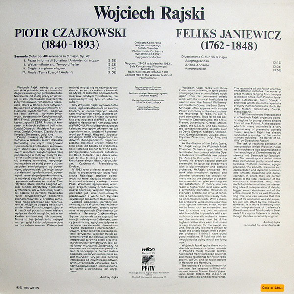 Czajkowski - Serenada: Wojciech Rajski   [по заказу польской фирмы WIFON, LP 070]