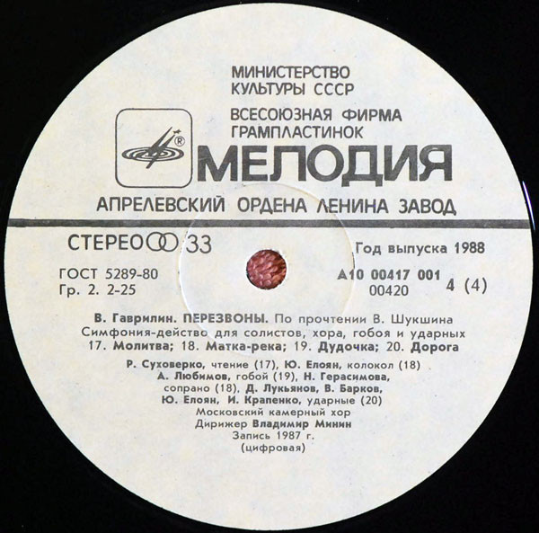 В. ГАВРИЛИН (1939): «Перезвоны», симфония-действо для солистов, хора, гобоя и ударных (По прочтении В. Шукшина).