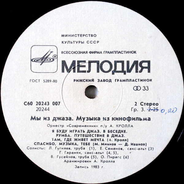 «Мы из джаза», музыка из кинофильма. Оркестр «Современник» п/у А. Кролла