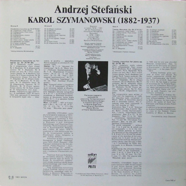 Karol Szymanowski - Wszystkie utwory fortepianowe vol.1 - 6: Andrzej Stefański  [по заказу польской фирмы WIFON, LP 046/1 - 046/6]