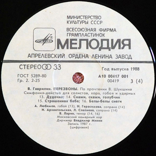 В. ГАВРИЛИН (1939): «Перезвоны», симфония-действо для солистов, хора, гобоя и ударных (По прочтении В. Шукшина).