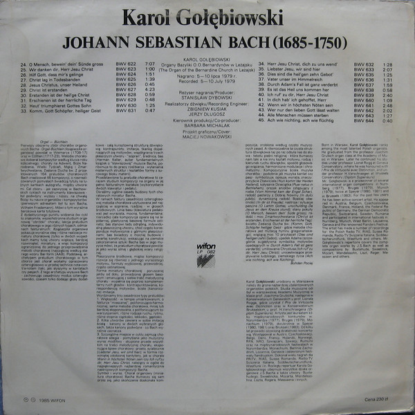 Karol Gołębiowski: Bach - Orgel-Buchlein 2 [по заказу польской фирмы WIFON, LP 082]