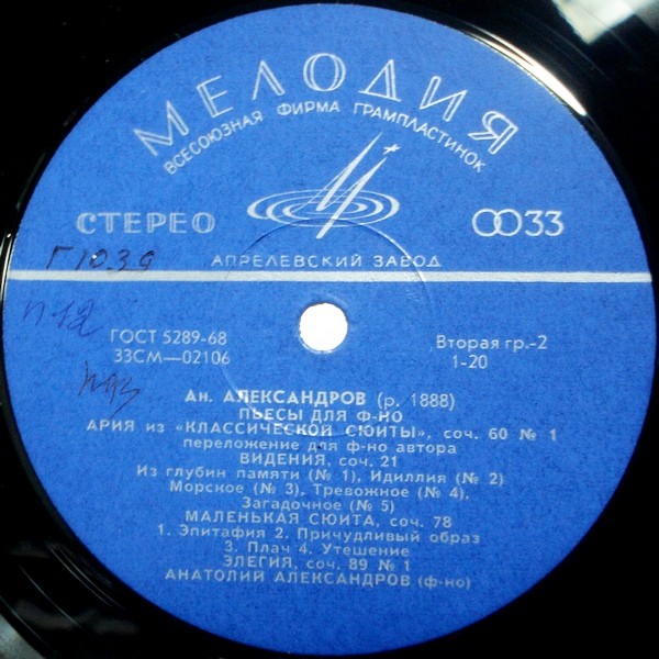 Ан. АЛЕКСАНДРОВ (1888–1982): Пьесы для фортепиано в исполнении автора