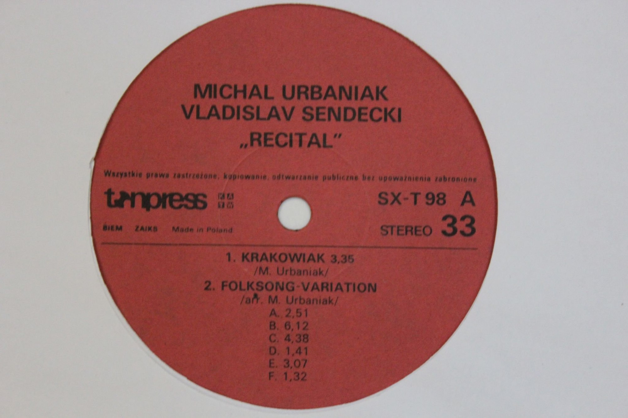 Władysław SENDECKI, Michał URBANIAK - Recital [по заказу польской фирмы TONPRESS SX-T 98]