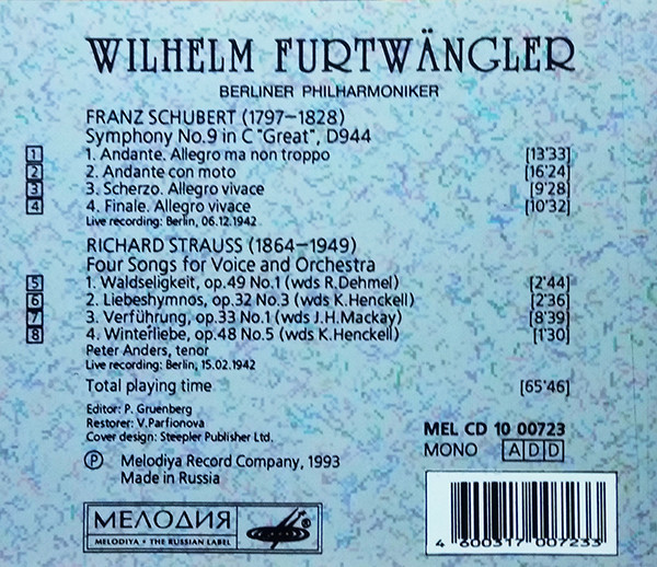 Wilhelm Furtwängler ‎– Schubert: Symphony No.9 "Great". Richard Strauss: Four Songs