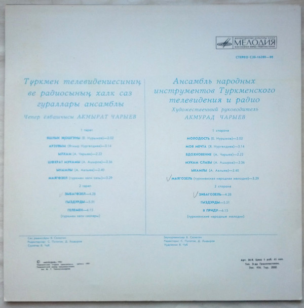 АНСАМБЛЬ НАР. ИНСТР. ТУРКМЕНСКОГО ТВ И РАДИО, худ. рук. Акмурад Чарыев