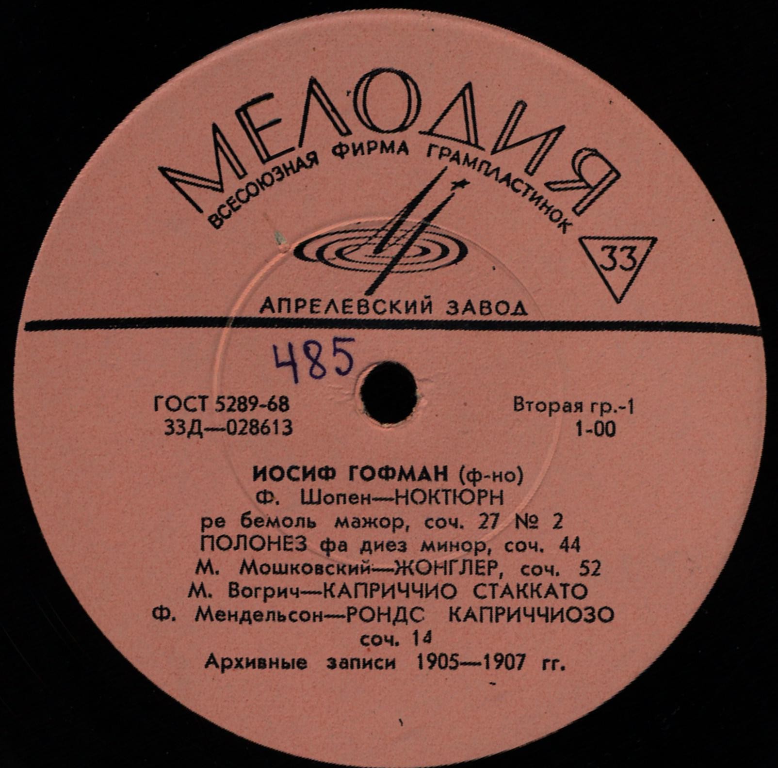 Иосиф ГОФМАН (ф-но, 1876-1957) - Архивные записи