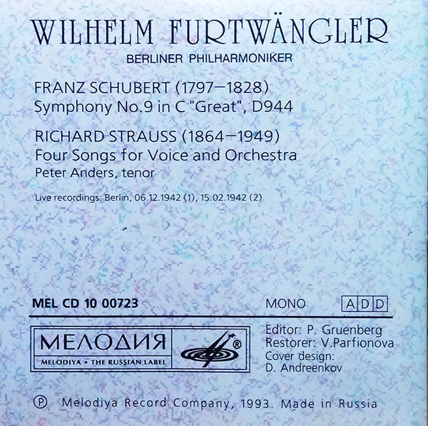 Wilhelm Furtwängler ‎– Schubert: Symphony No.9 "Great". Richard Strauss: Four Songs