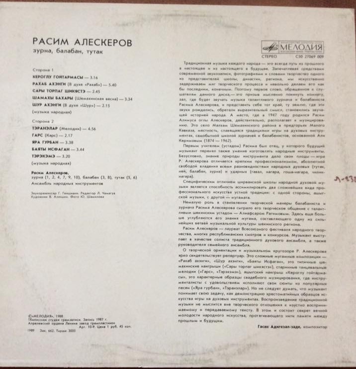 АЛЕСКЕРОВ Расим (зурна, балабан, тутак). Нар. мелодии: