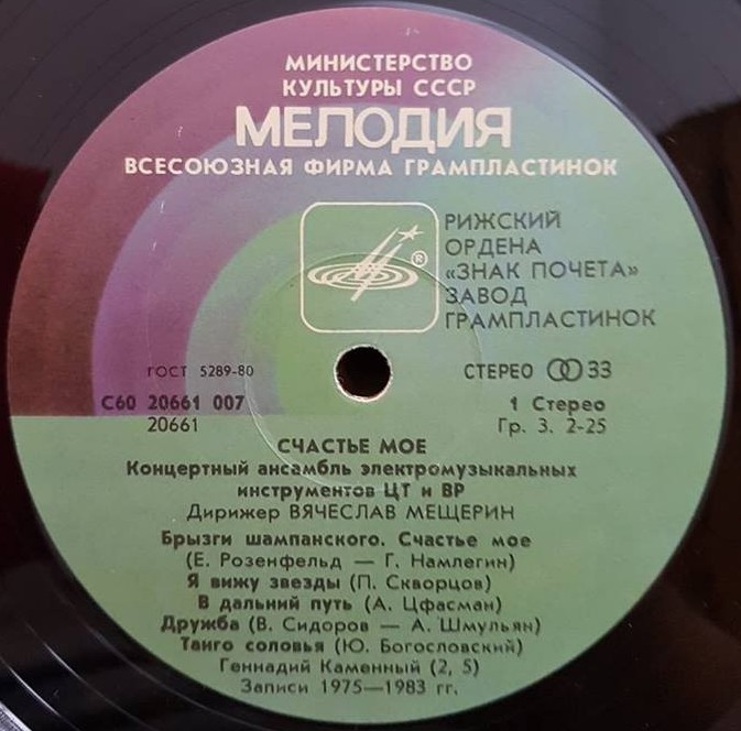 КОНЦЕРТНЫЙ АНСАМБЛЬ ЭЛЕКТРОМУЗЫКАЛЬНЫХ ИНСТРУМЕНТОВ Центрального телевидения и Всесоюзного радио, дирижер Вячеслав Мещерин. «Счастье моё. Мелодии прошлых лет»