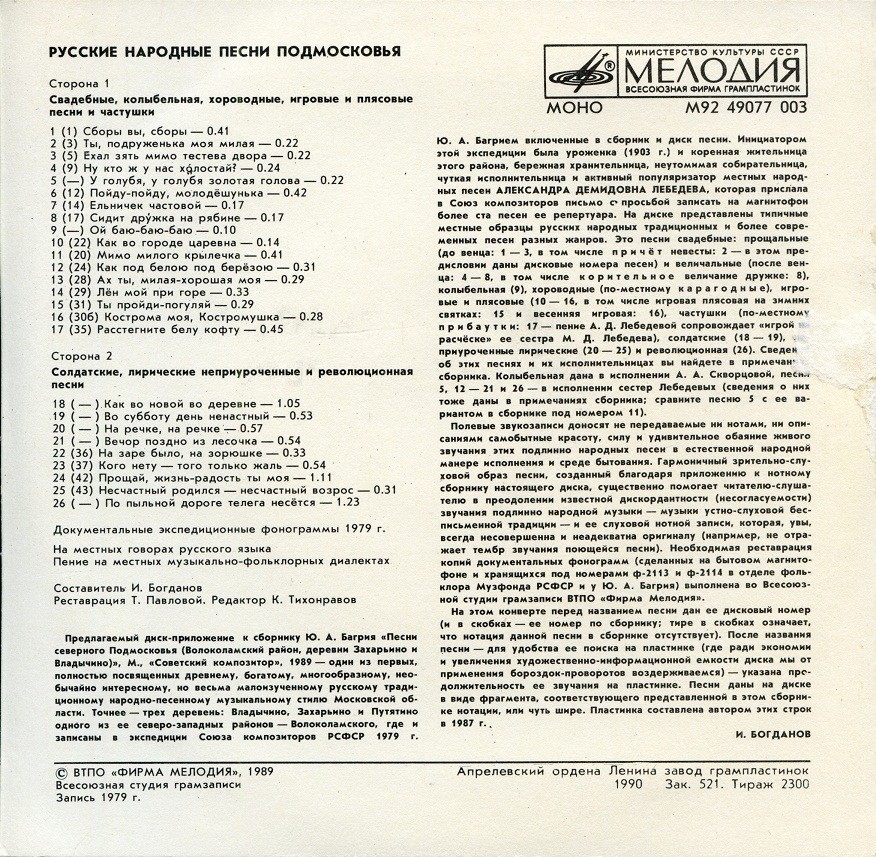 Русские народные песни Подмосковья (Серия "Поющая душа России", вып. 28)