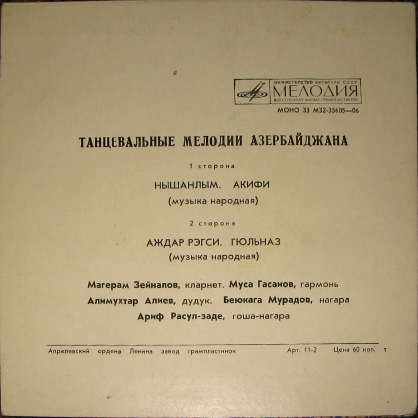 ИНСТР. КВИНТЕТ: М. Зейналов (кларнет), М. Гасанов (гармоника), А. Алиев (дудук), Б. Мурадов (нагара), А. Расул-заде (гоша-нагара). Нар. танцевальные мелодии: