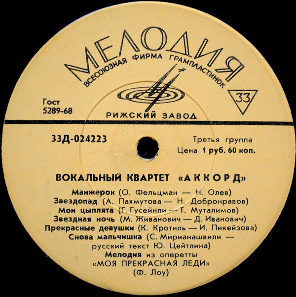 ВОКАЛЬНЫЙ КВАРТЕТ «АККОРД»: 3. Харабадзе, И. Мясникова, Ш. Харабадзе, В. Лыньковский