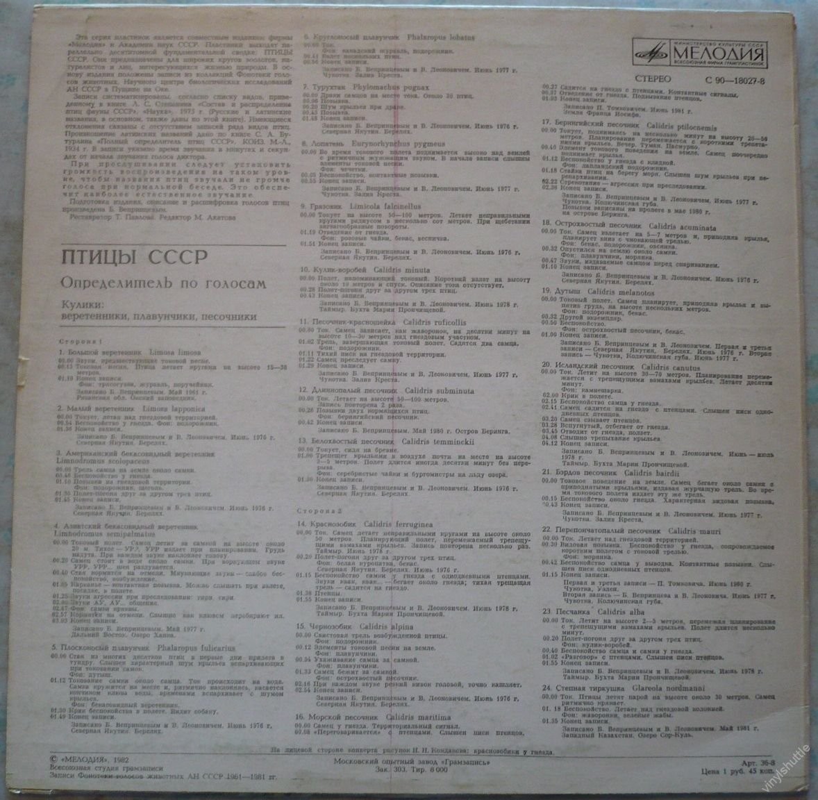 ПТИЦЫ СССР. Определитель по голосам (подготовлен Б. Вепринцевым).
