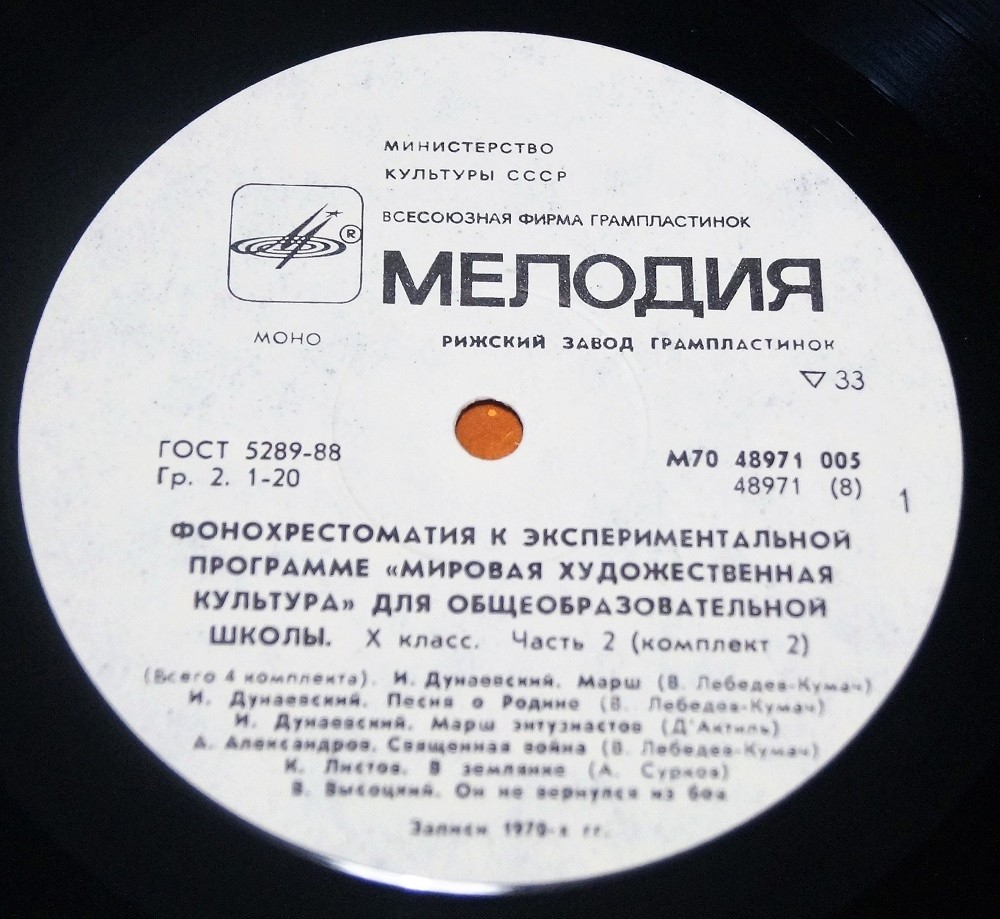 ФОНОХРЕСТОМАТИЯ К ЭКСПЕРИМЕНТАЛЬНОЙ ПРОГРАММЕ «МИРОВАЯ ХУДОЖЕСТВЕННАЯ КУЛЬТУРА» для X класса общеобразовательных школ (в четырех комплектах). Второй комплект