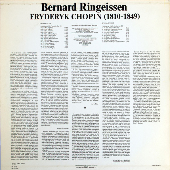 Chopin - Preludia op.28: Bernard Ringeissen  [по заказу польской фирмы WIFON, LP 040]