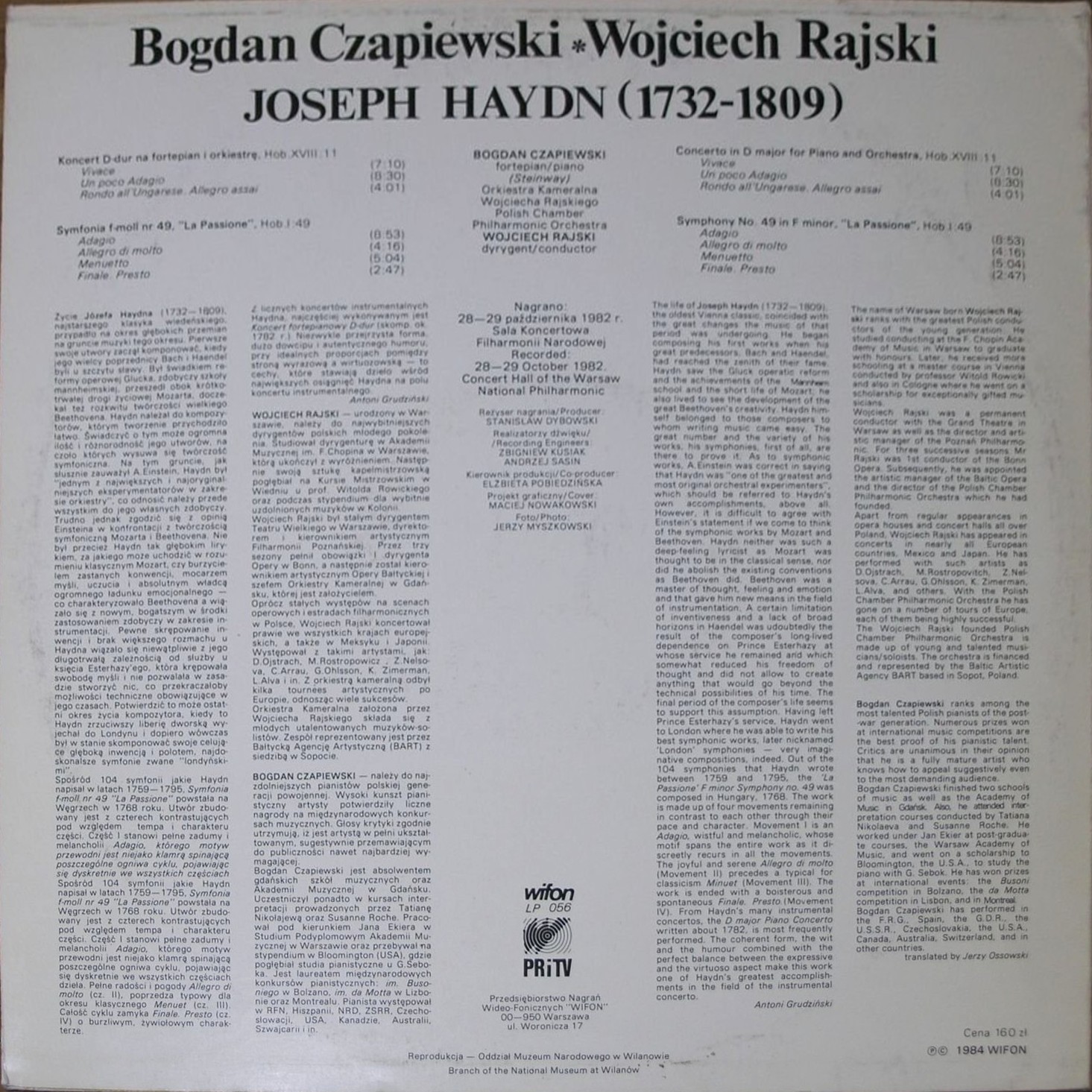 Joseph Haydn – Bogdan Czapiewski, Orkiestra Kameralna, Wojciech Rajski ‎– Koncert Fortepianowy D-dur / Symfonia f-moll „La Passione” [по заказу польской фирмы WIFON, LP 056]